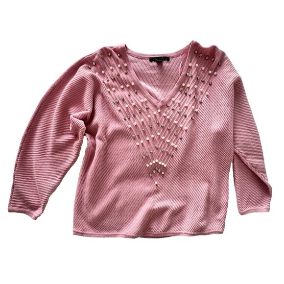 Pink Size L V-Neck Sweater With Pearl & Rhinestone Accents Ribbed A Love Story - Picture 6 of 13